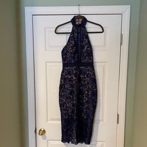 Navy Blue and Tan Choker Dress